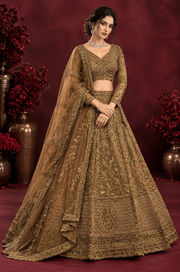 Antique Gold Net Lehenga Set with Embroidery and Dori Work