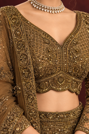 Antique Gold Net Lehenga Set with Embroidery and Dori Work