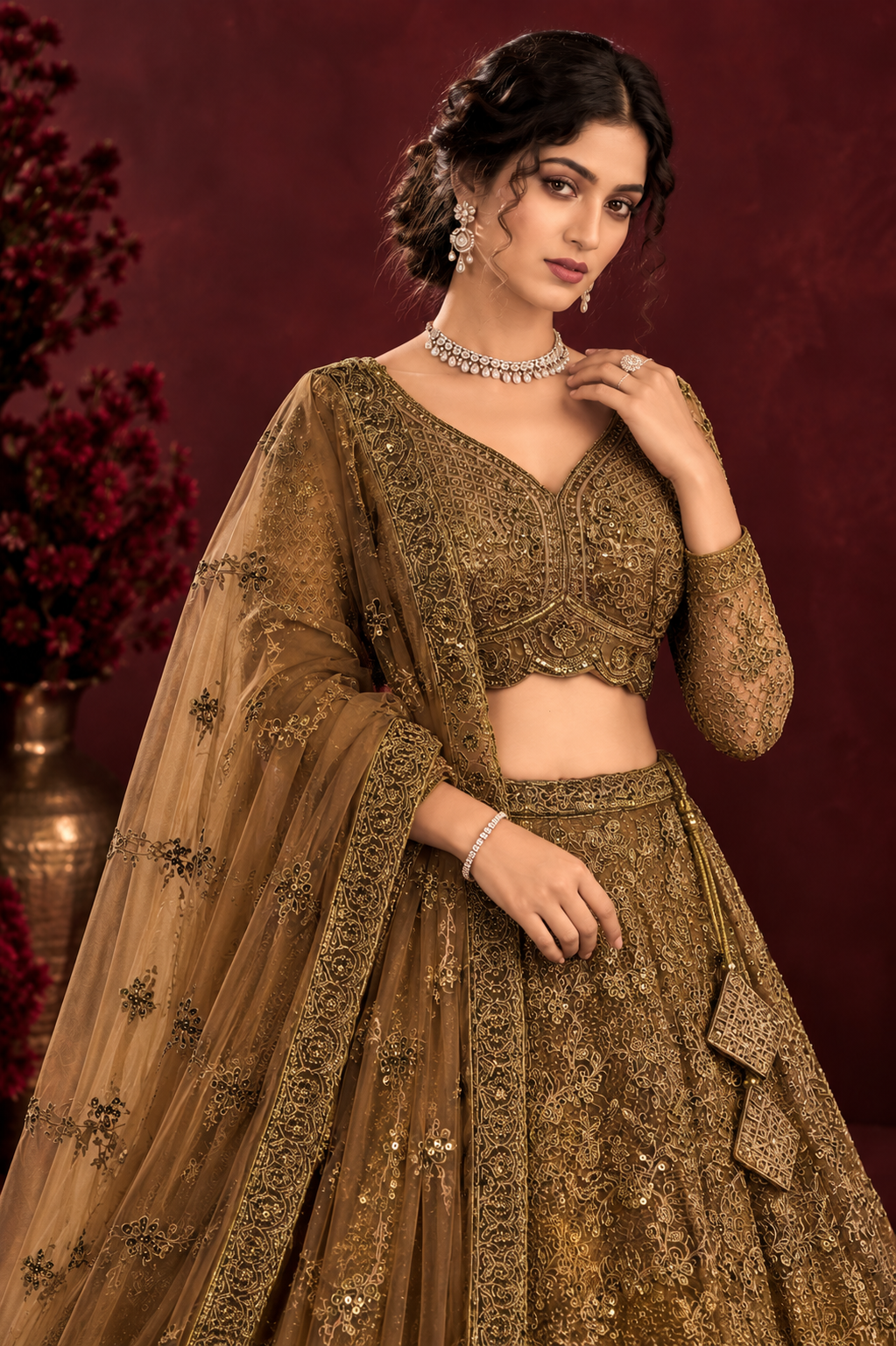 Antique Gold Net Lehenga Set with Embroidery and Dori Work