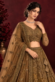 Antique Gold Net Lehenga Set with Embroidery and Dori Work