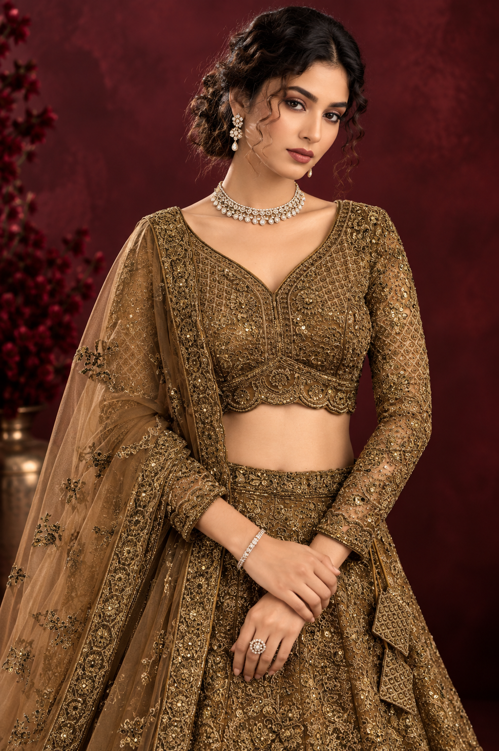 Antique Gold Net Lehenga Set with Embroidery and Dori Work