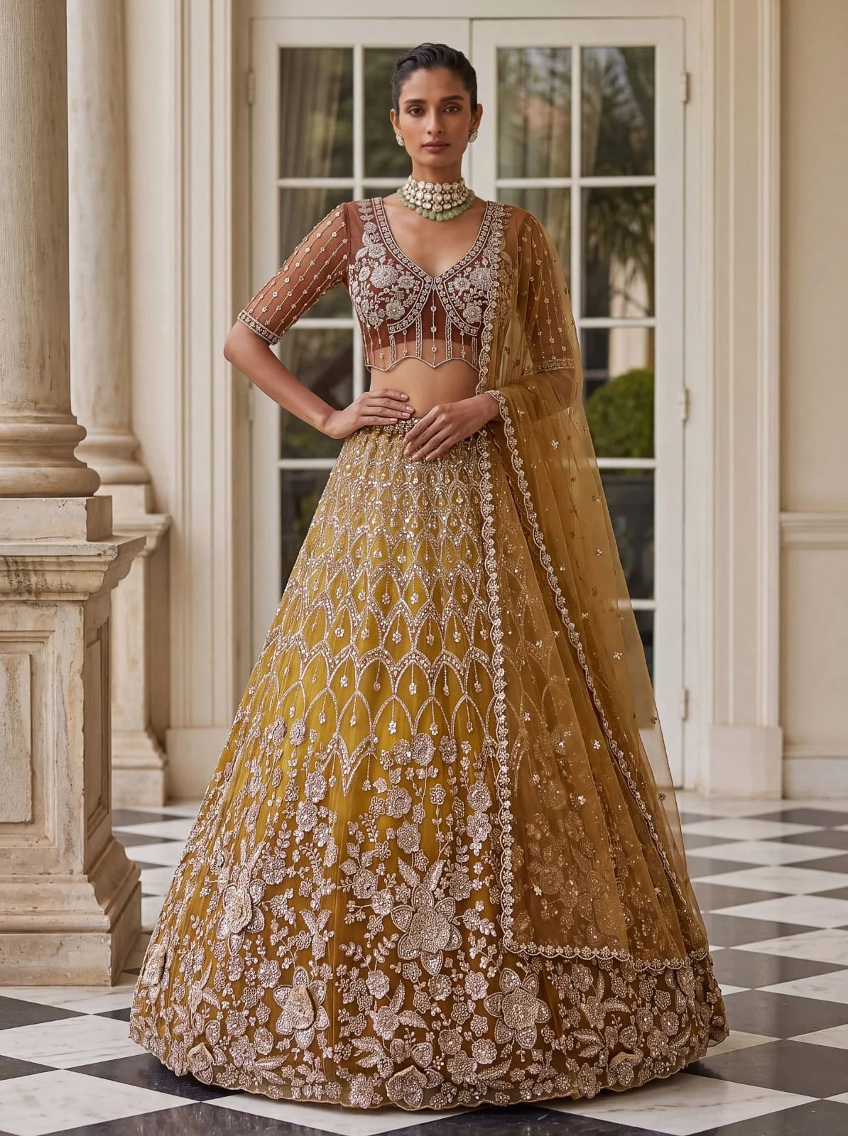 Gold Net Bead Motif Sequin Embroidered Lehenga Choli