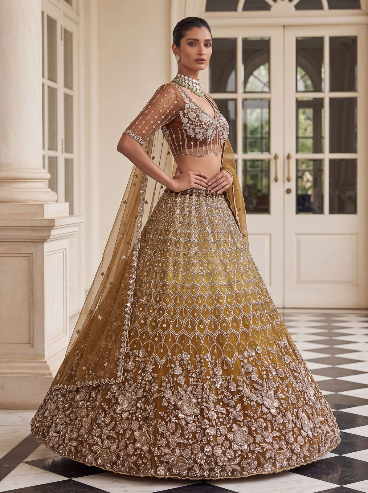Gold Net Bead Motif Sequin Embroidered Lehenga Choli