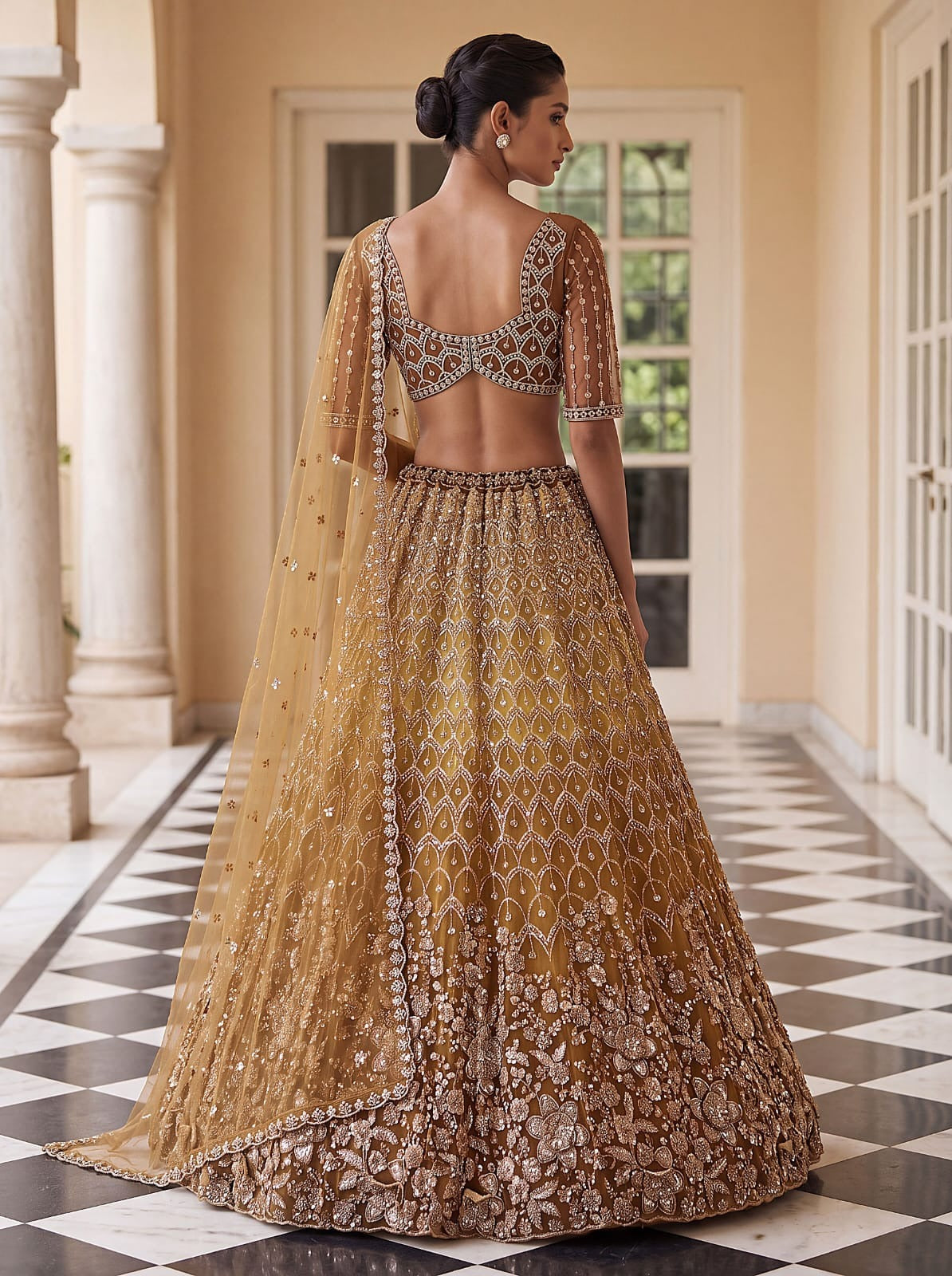 Gold Net Bead Motif Sequin Embroidered Lehenga Choli