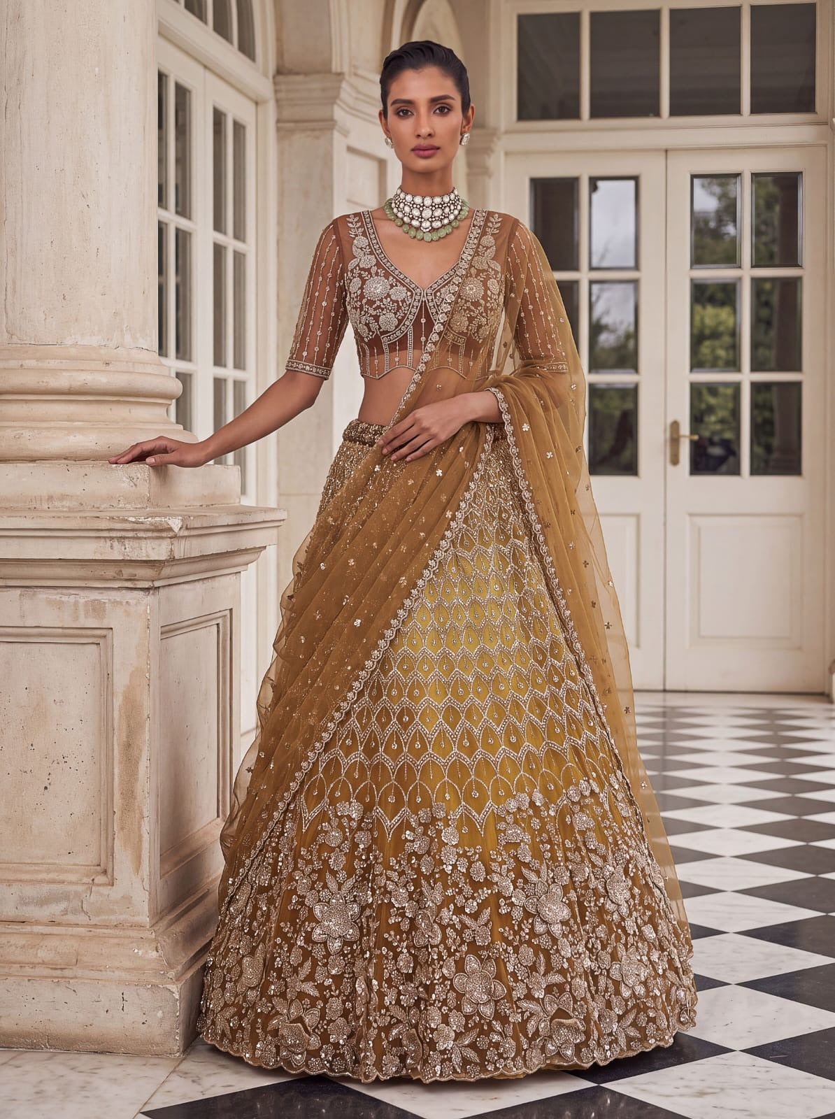 Gold Net Bead Motif Sequin Embroidered Lehenga Choli