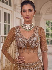 Gold Net Bead Motif Sequin Embroidered Lehenga Choli