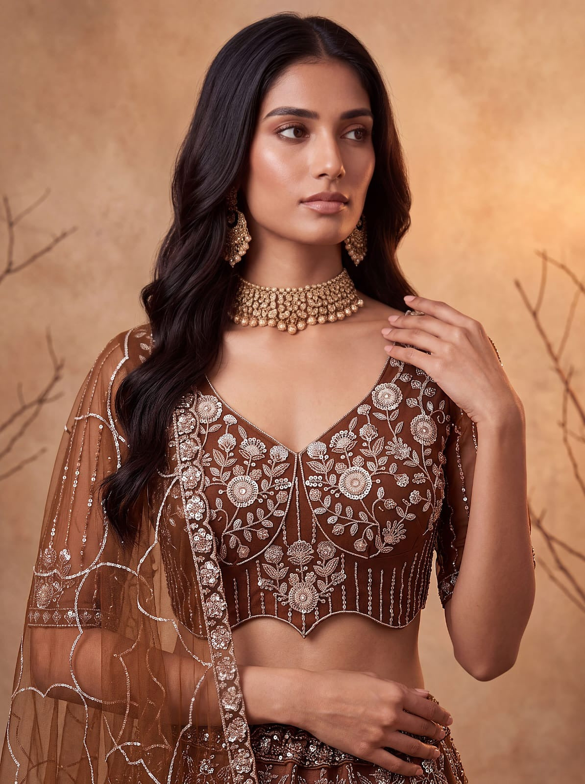 Gold Net Zari Sequin Bridal Lehenga Choli with Soft Net Dupatta