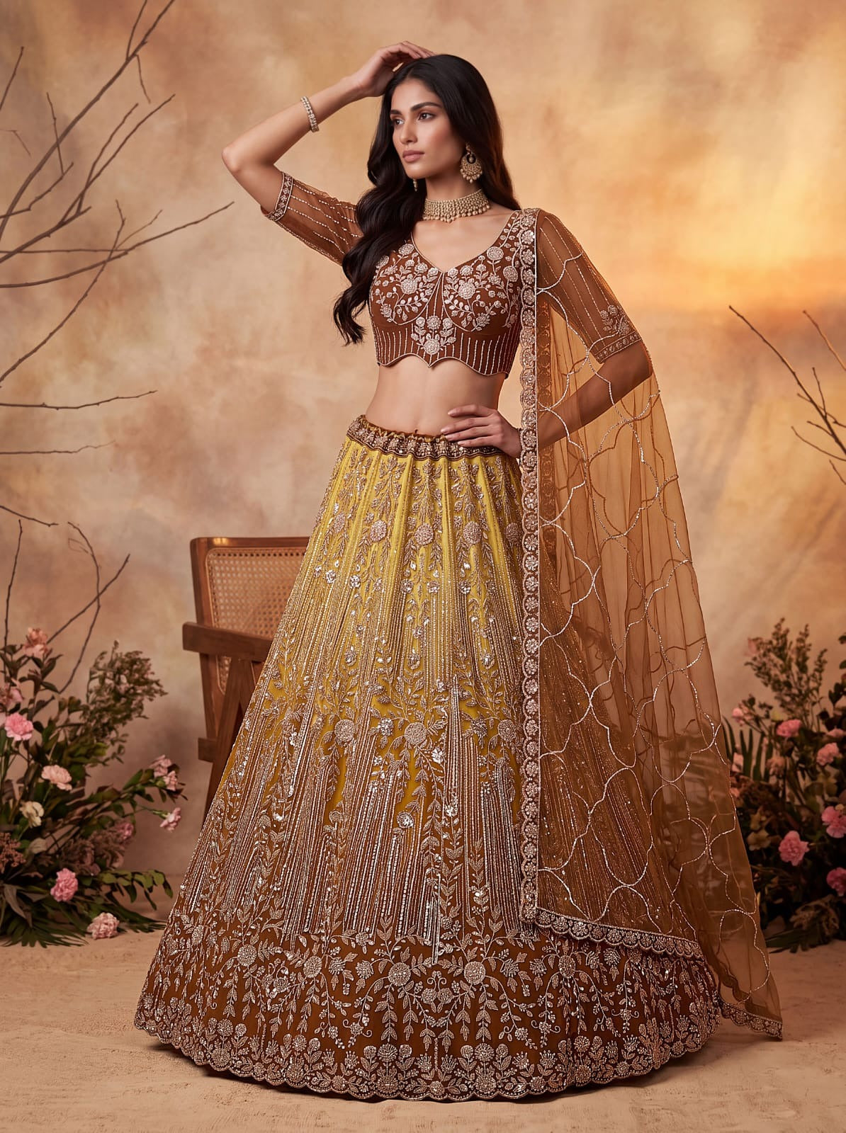 Gold Net Zari Sequin Bridal Lehenga Choli with Soft Net Dupatta