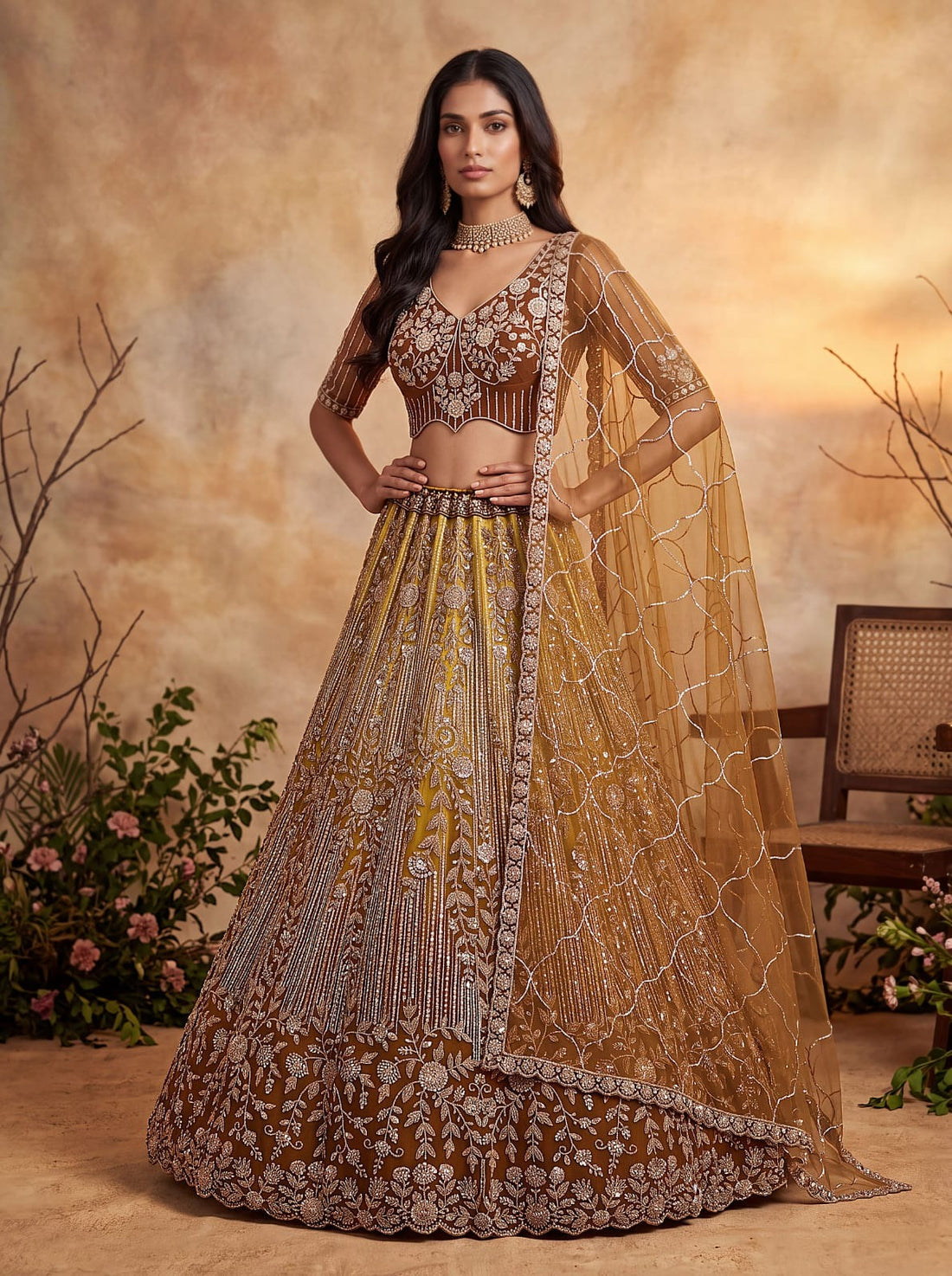 Gold Net Zari Sequin Bridal Lehenga Choli with Soft Net Dupatta