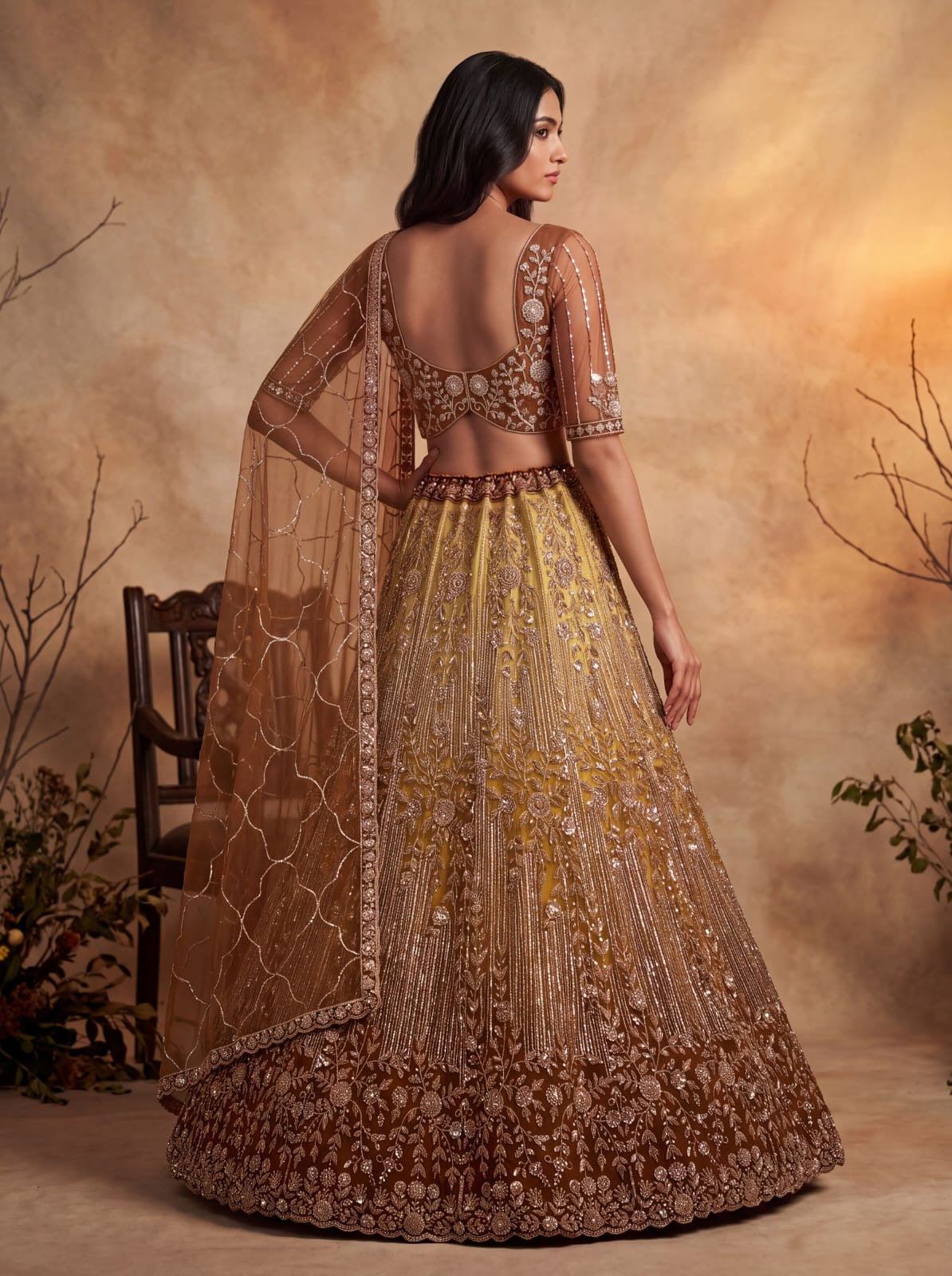 Gold Net Zari Sequin Bridal Lehenga Choli with Soft Net Dupatta