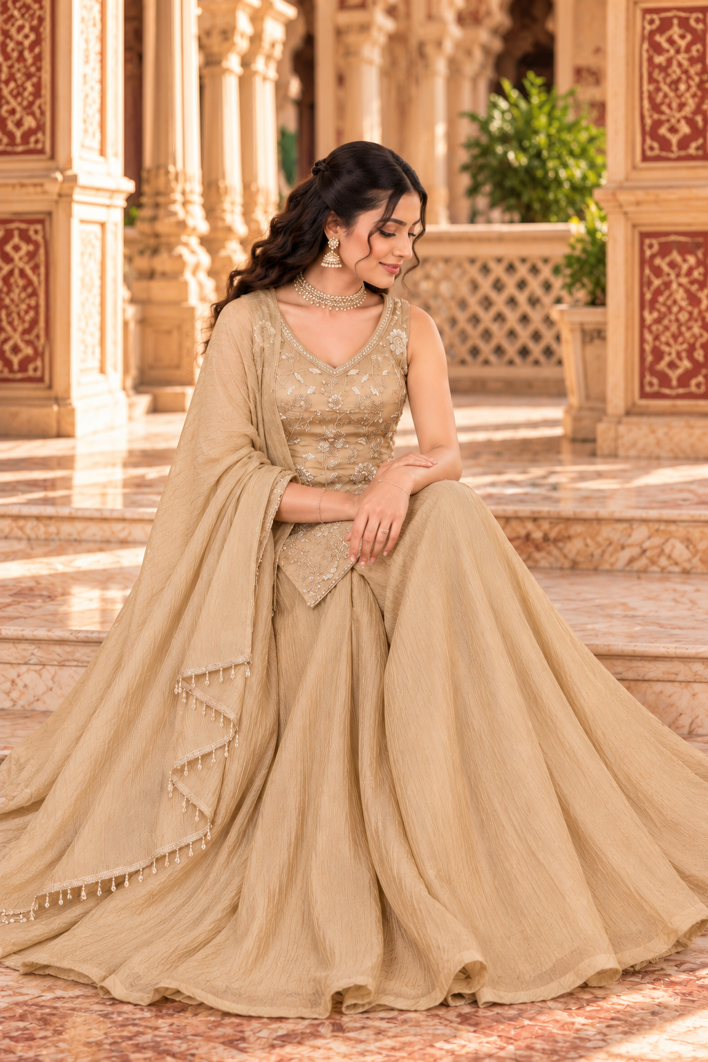 Golden Salsa Silk Sharara Set with Bead, Sequin & Thread Embroidery