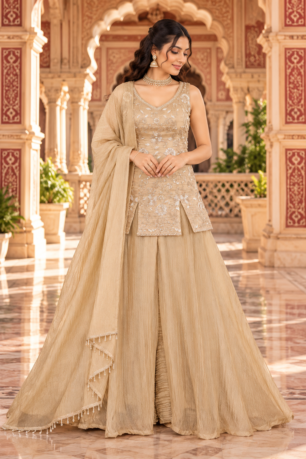 Golden Salsa Silk Sharara Set with Bead, Sequin & Thread Embroidery