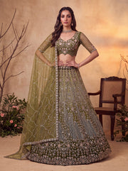 Green Pure Heavy Net Motif Handwork Zari Sequins Work Bridal Lehenga Choli