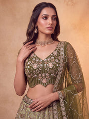 Green Pure Heavy Net Motif Handwork Zari Sequins Work Bridal Lehenga Choli