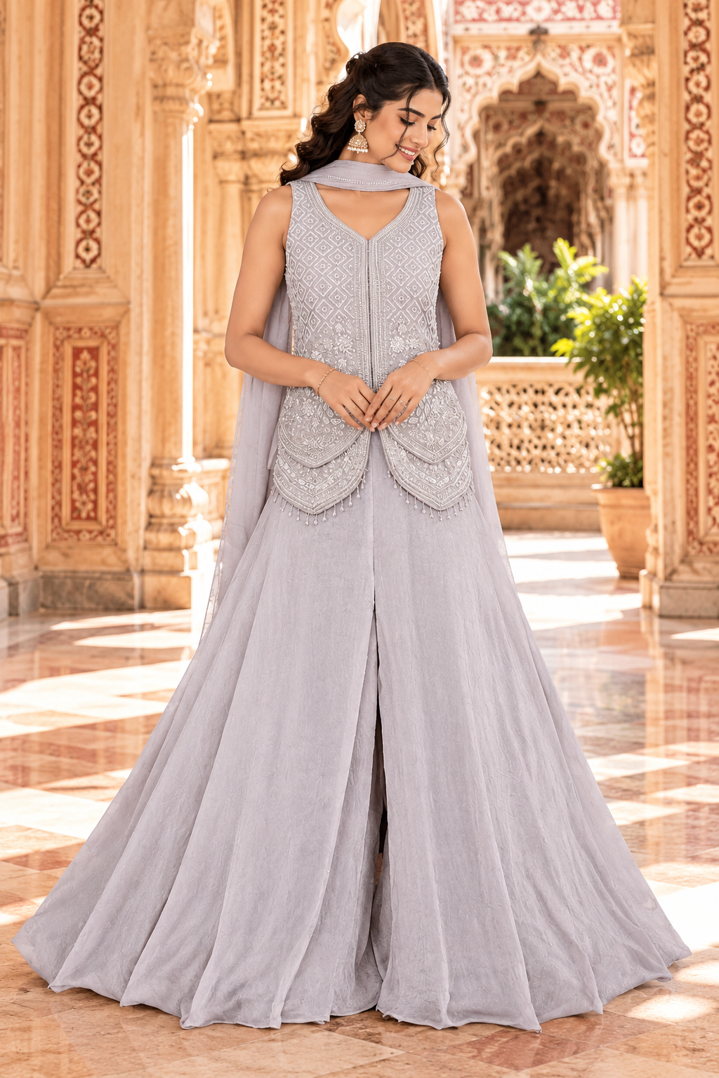 Pearl Grey Fendi Crush Bead & Sequin Sharara Set