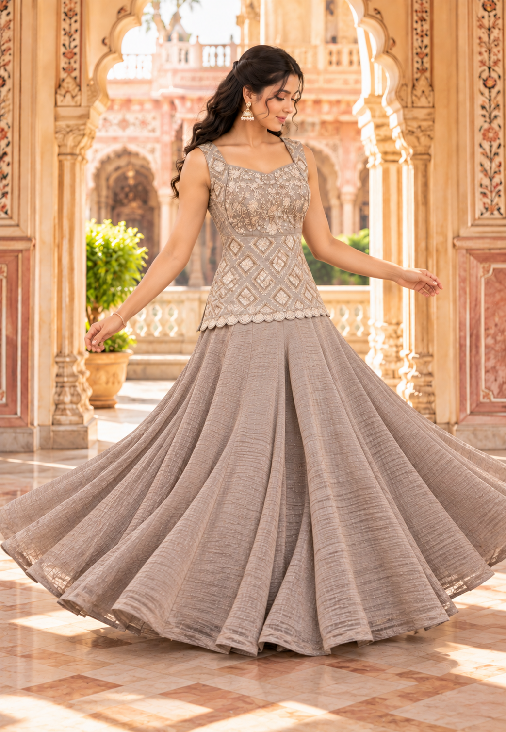 Grey Salsa Silk Sharara Set with Bead & Sequin Embroidery
