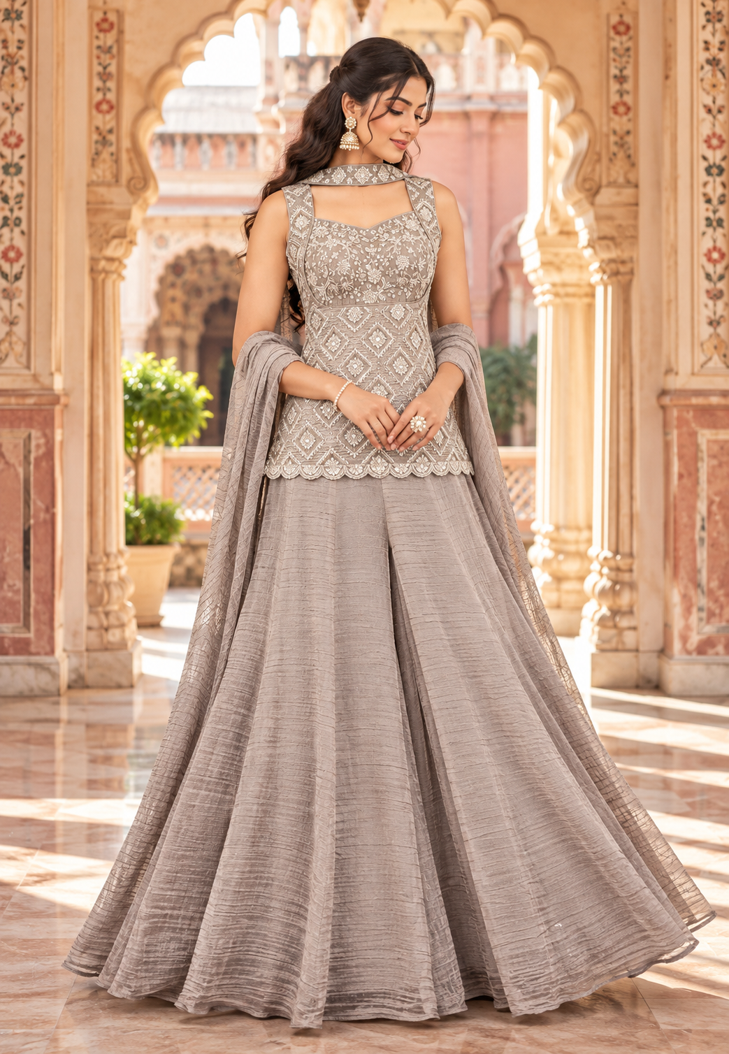 Grey Salsa Silk Sharara Set with Bead & Sequin Embroidery