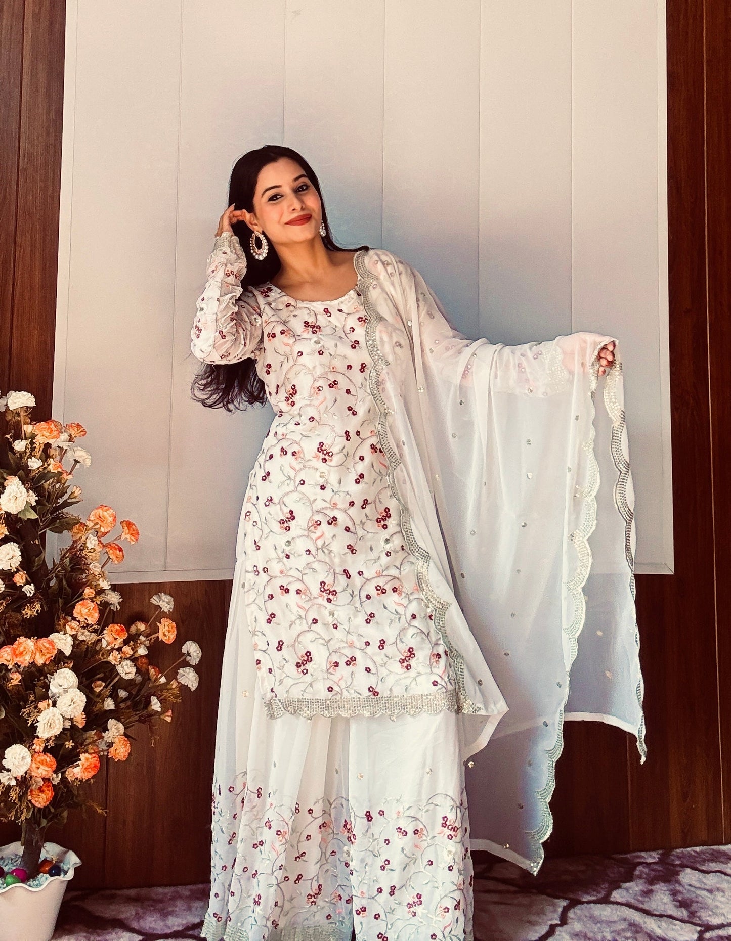 Divine Georgette Sequins Zari Thread Worked Top Sharara Suit