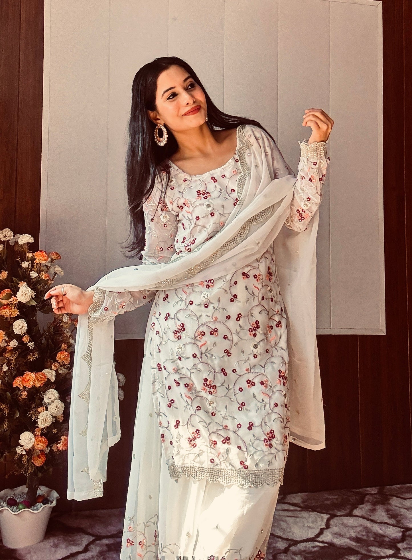 Divine Georgette Sequins Zari Thread Worked Top Sharara Suit
