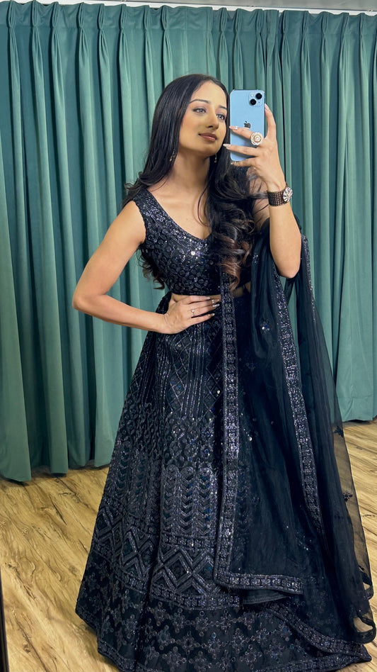 Magnificent Black Heavy Dori Sequins Worked Net Lehenga Choli - Ethnicwish