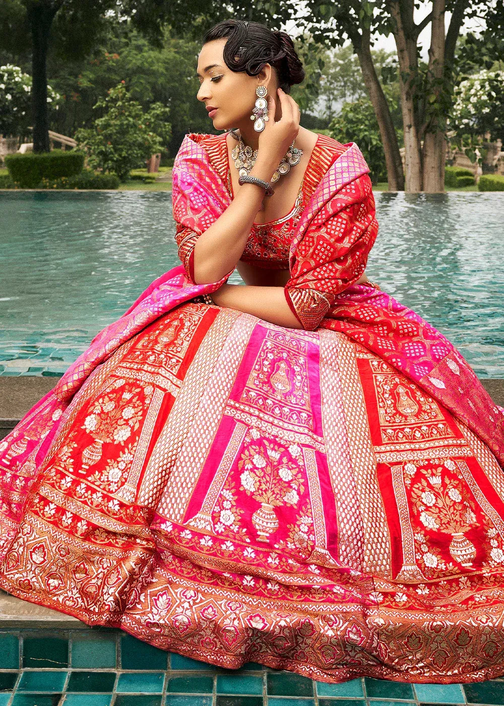 Hot Pink Banarasi Silk Lehenga Choli with Woven Dupatta