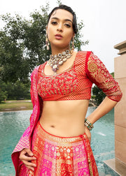 Hot Pink Banarasi Silk Lehenga Choli with Woven Dupatta