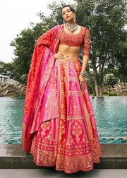 Hot Pink Banarasi Silk Lehenga Choli with Woven Dupatta
