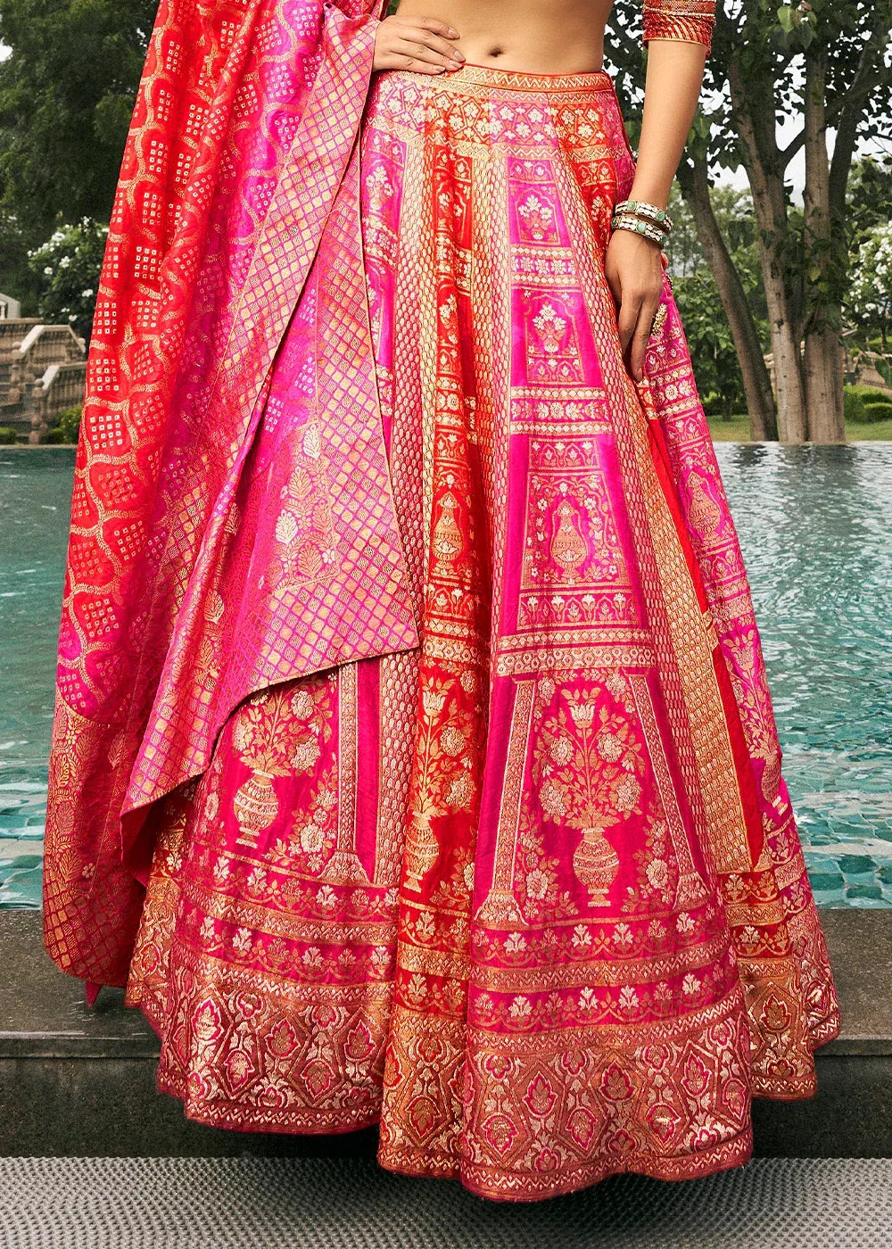 Hot Pink Banarasi Silk Lehenga Choli with Woven Dupatta