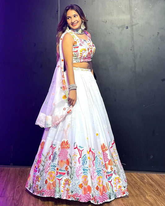 Exquisite White Floral Sequins Embroidered Lehenga Choli Set - Ethnicwish