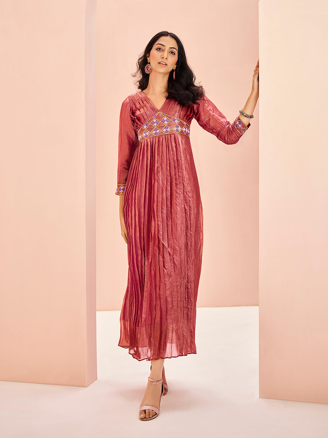 Wine Pink Embroidered Pleated Anarkali Kurti for Women