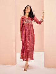 Wine Pink Embroidered Pleated Anarkali Kurti for Women