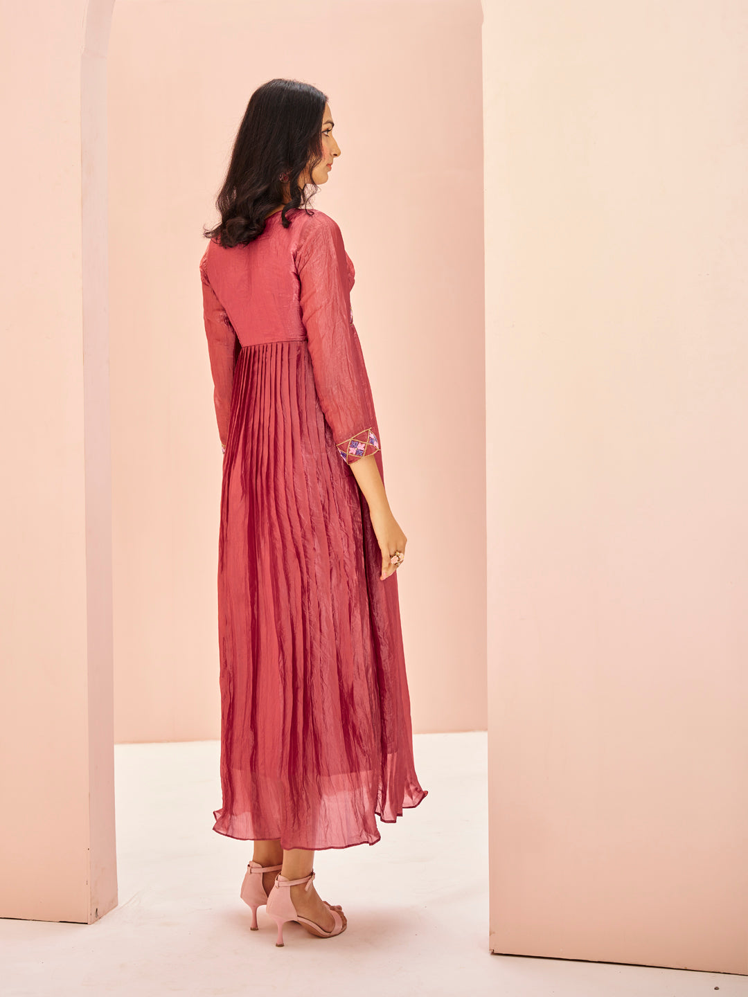Wine Pink Embroidered Pleated Anarkali Kurti for Women