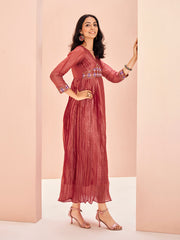 Wine Pink Embroidered Pleated Anarkali Kurti for Women