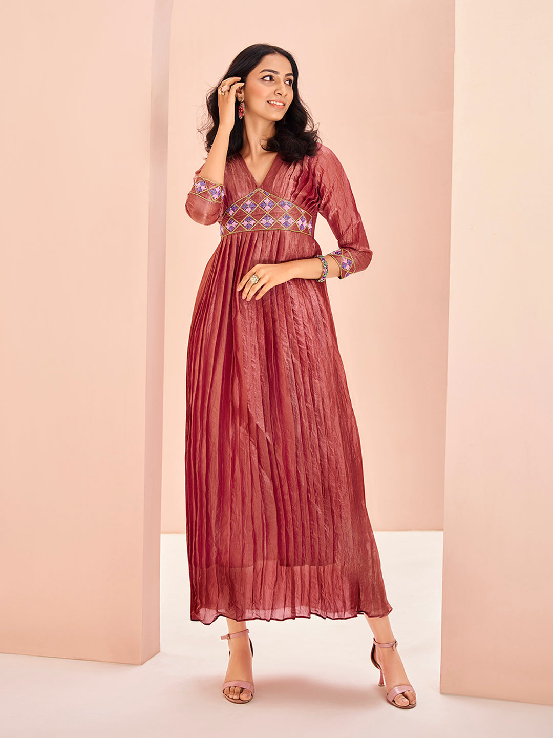 Wine Pink Embroidered Pleated Anarkali Kurti for Women