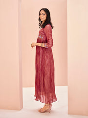 Wine Pink Embroidered Pleated Anarkali Kurti for Women