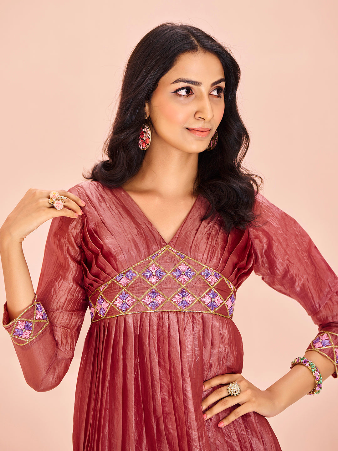 Wine Pink Embroidered Pleated Anarkali Kurti for Women