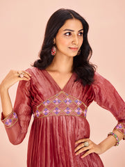 Wine Pink Embroidered Pleated Anarkali Kurti for Women