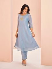 Sky Blue Embroidered Kurta Pant Set for Women
