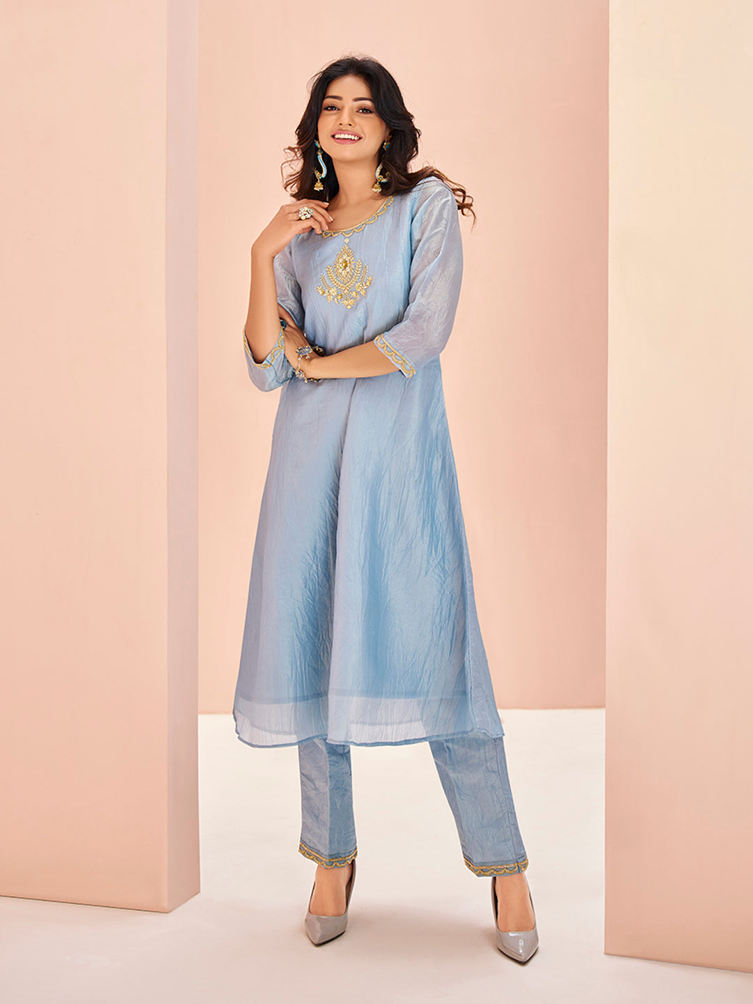 Sky Blue Embroidered Kurta Pant Set for Women