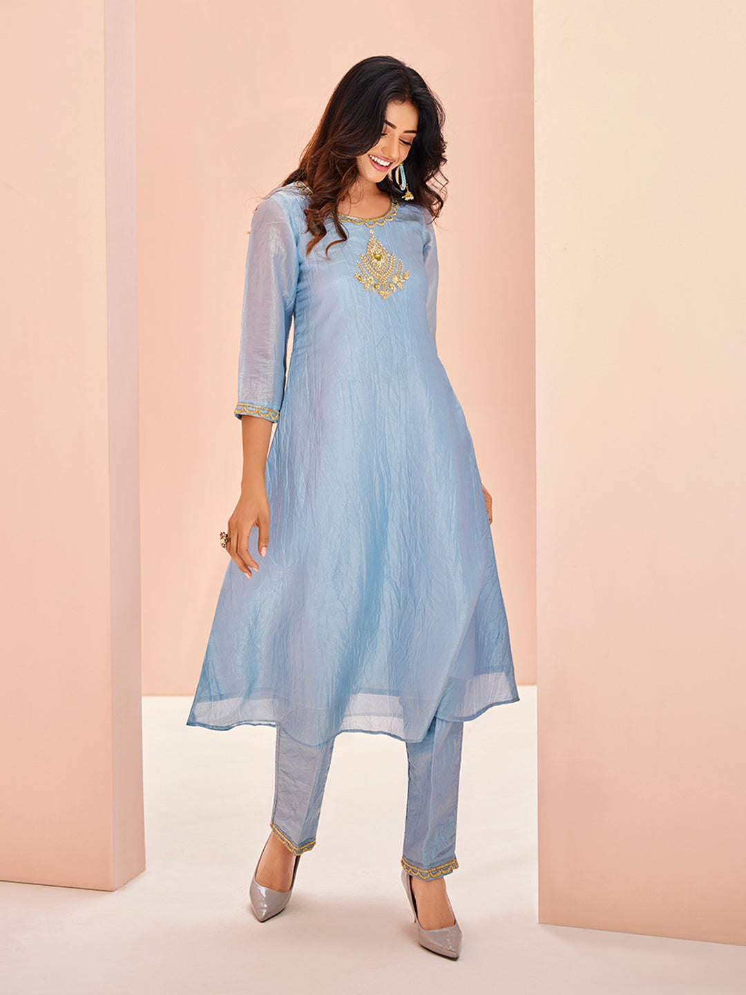 Sky Blue Embroidered Kurta Pant Set for Women