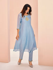 Sky Blue Embroidered Kurta Pant Set for Women