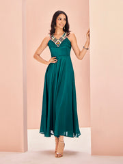 Teal Green Embellished Sleeveless Maxi Dress for Women