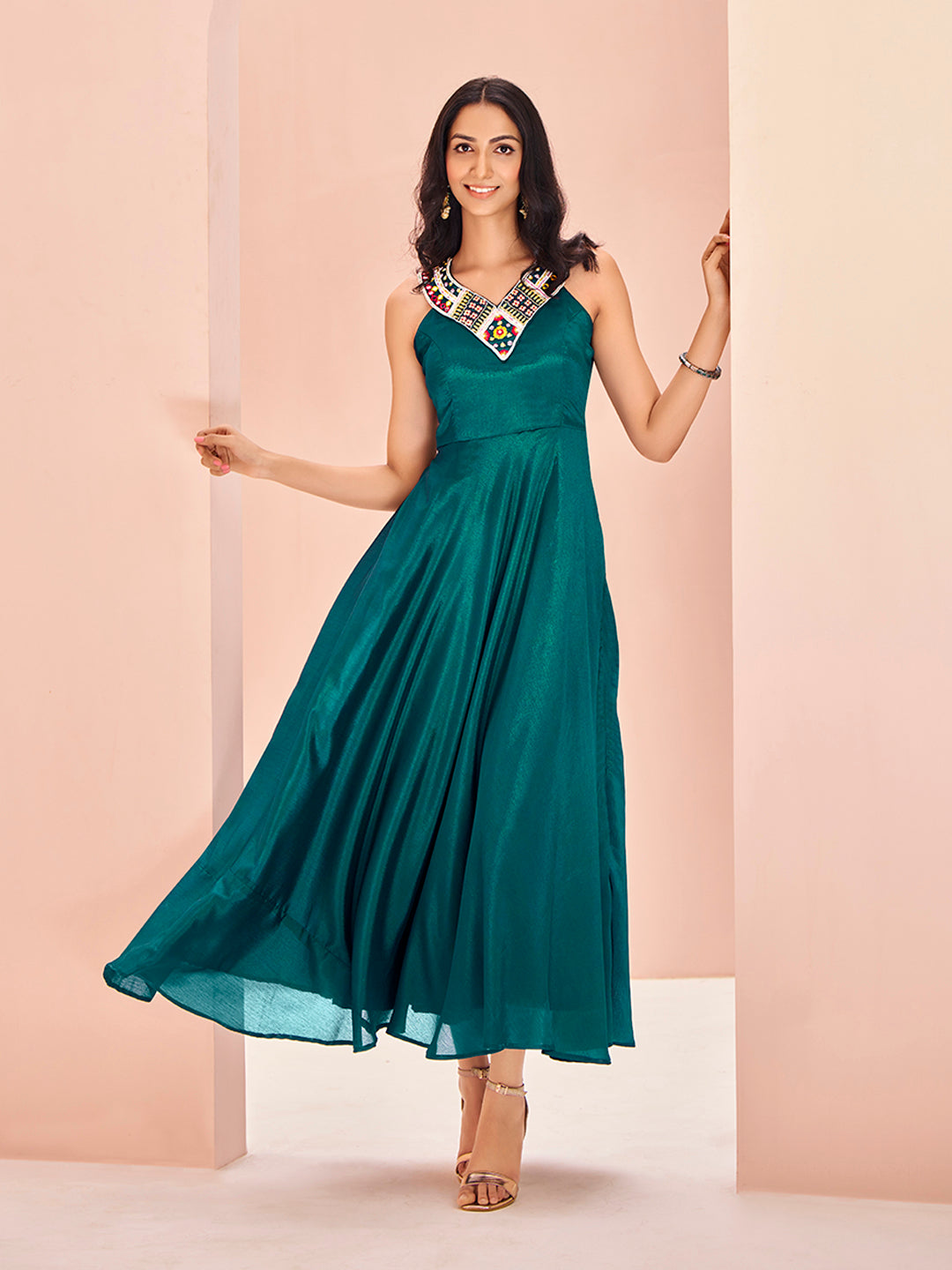 Teal Green Embellished Sleeveless Maxi Dress for Women
