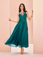 Teal Green Embellished Sleeveless Maxi Dress for Women
