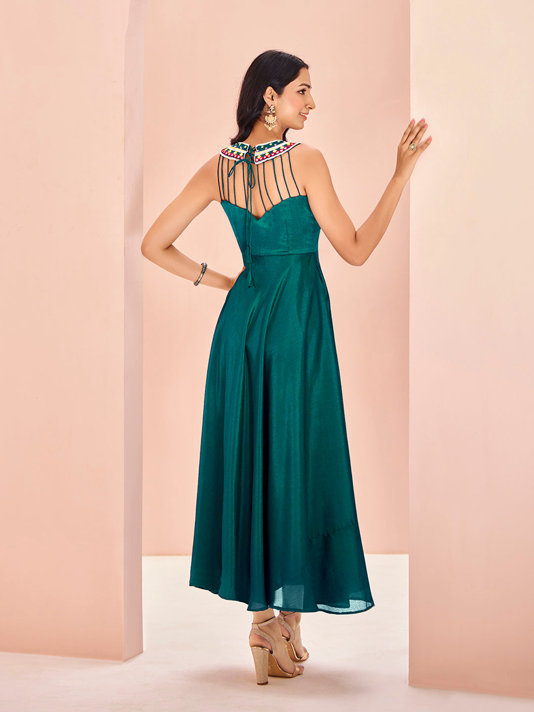 Teal Green Embellished Sleeveless Maxi Dress for Women