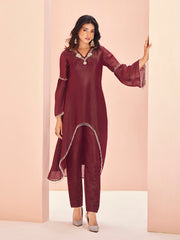 Maroon Embroidered Kurta Pant Set for Women