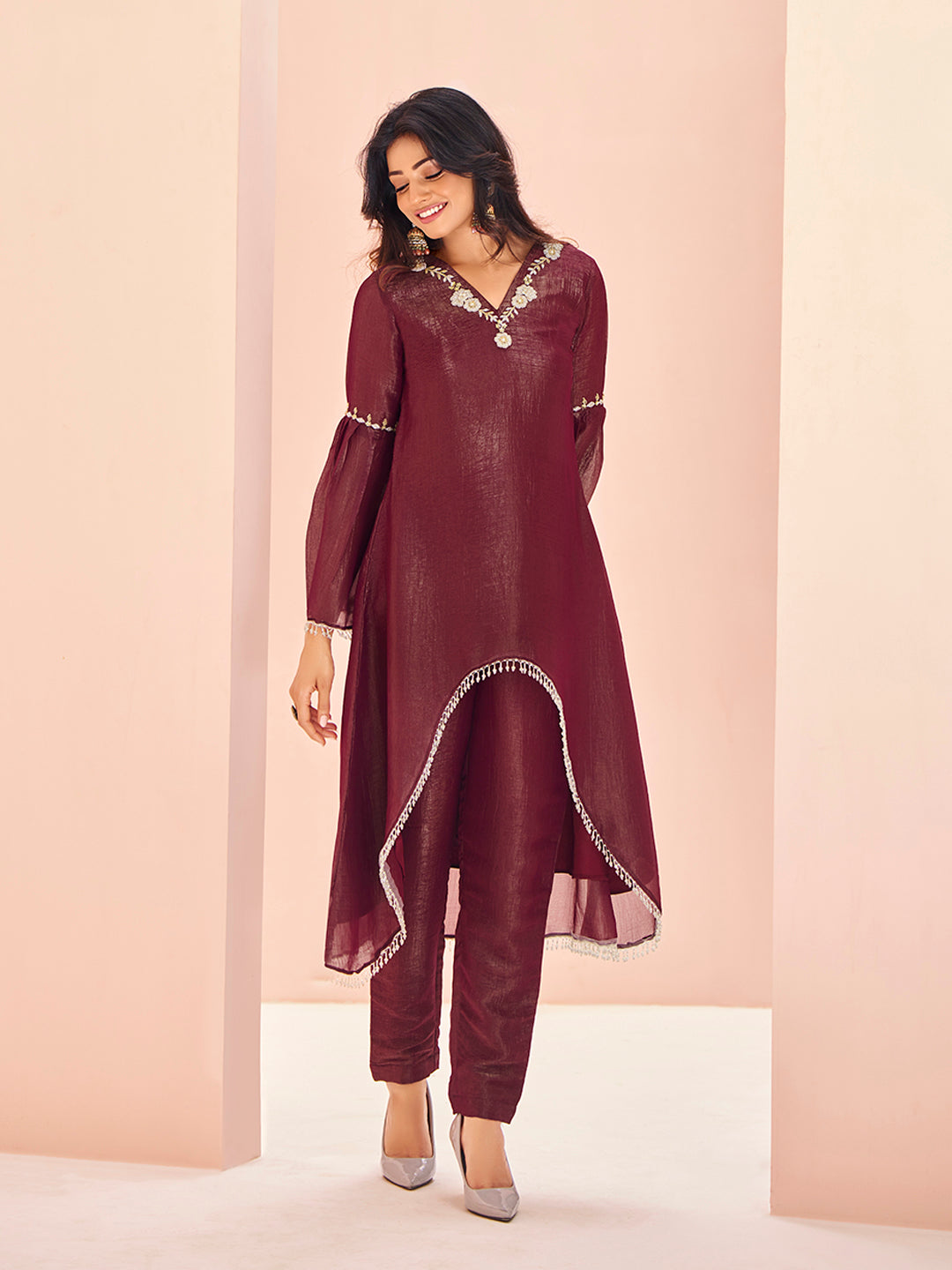 Maroon Embroidered Kurta Pant Set for Women