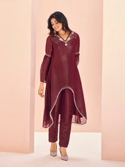 Maroon Embroidered Kurta Pant Set for Women