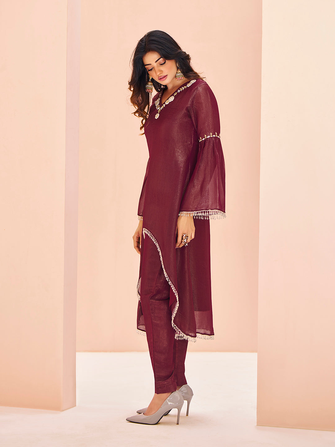 Maroon Embroidered Kurta Pant Set for Women
