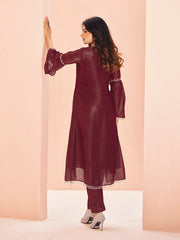Maroon Embroidered Kurta Pant Set for Women